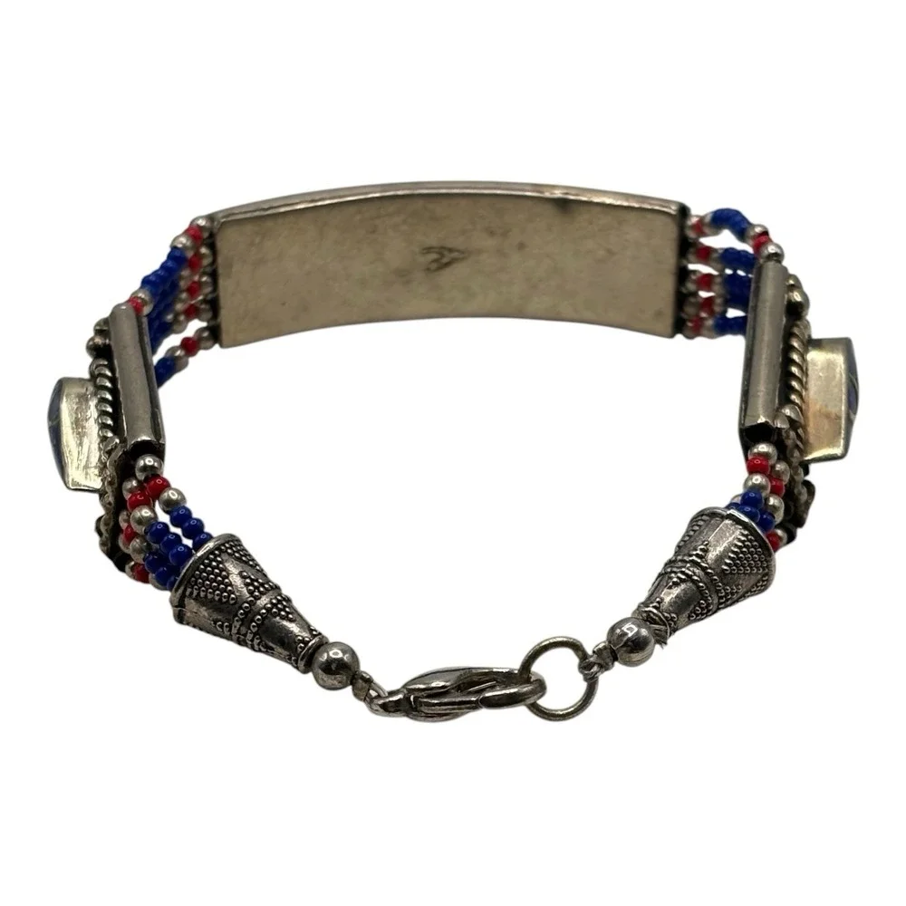 Silver Tone Bracelet Blue Inlay Multi Strand Seed Bead 7